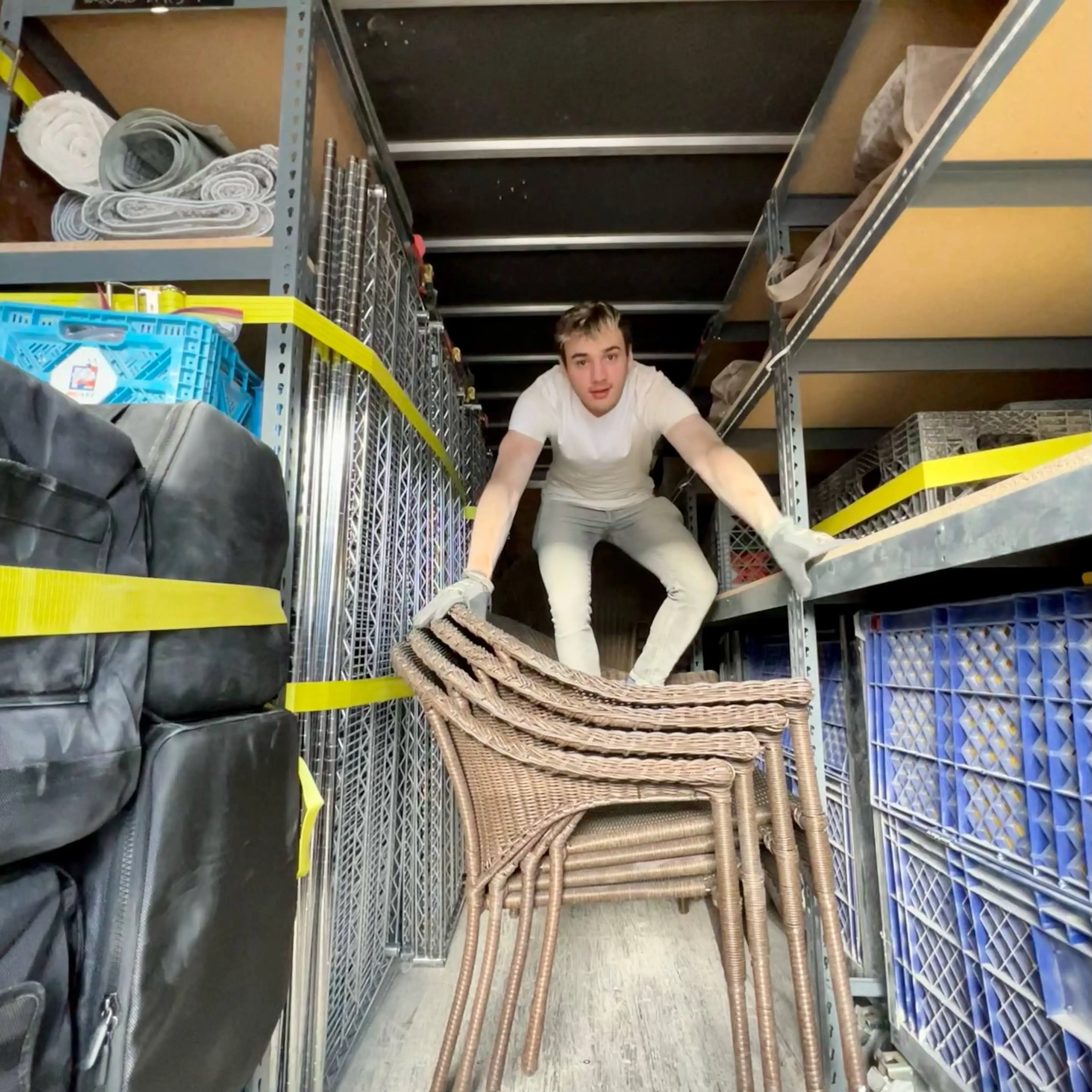 Inside the storage trailer of the Future Turtles, a young man in a white T-shirt and work gloves is climbing on a stack of wicker benches. To his left and right are shelves filled with boxes of gear.